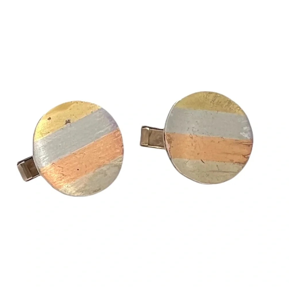 VINTAGE ALPACA MADE IN MEXICO 4 METAL COLOR STRIPE ROUND CUFFLINK